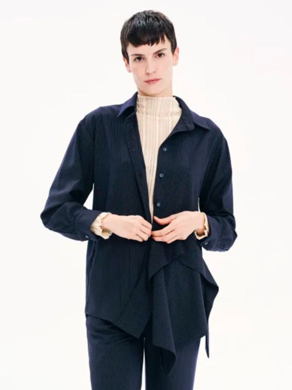 NWOT Kourbela Asymmetrical Pinstripe Partial Button Front Blouse size Medium